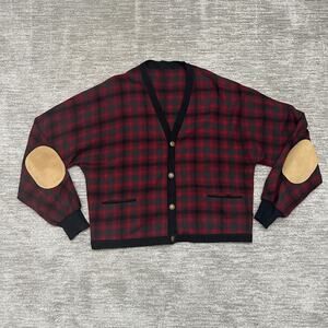 Vintage Pendleton Cardigan Sweater Mens 2XL Red Plaid Wool Elbow Patch Grandpa